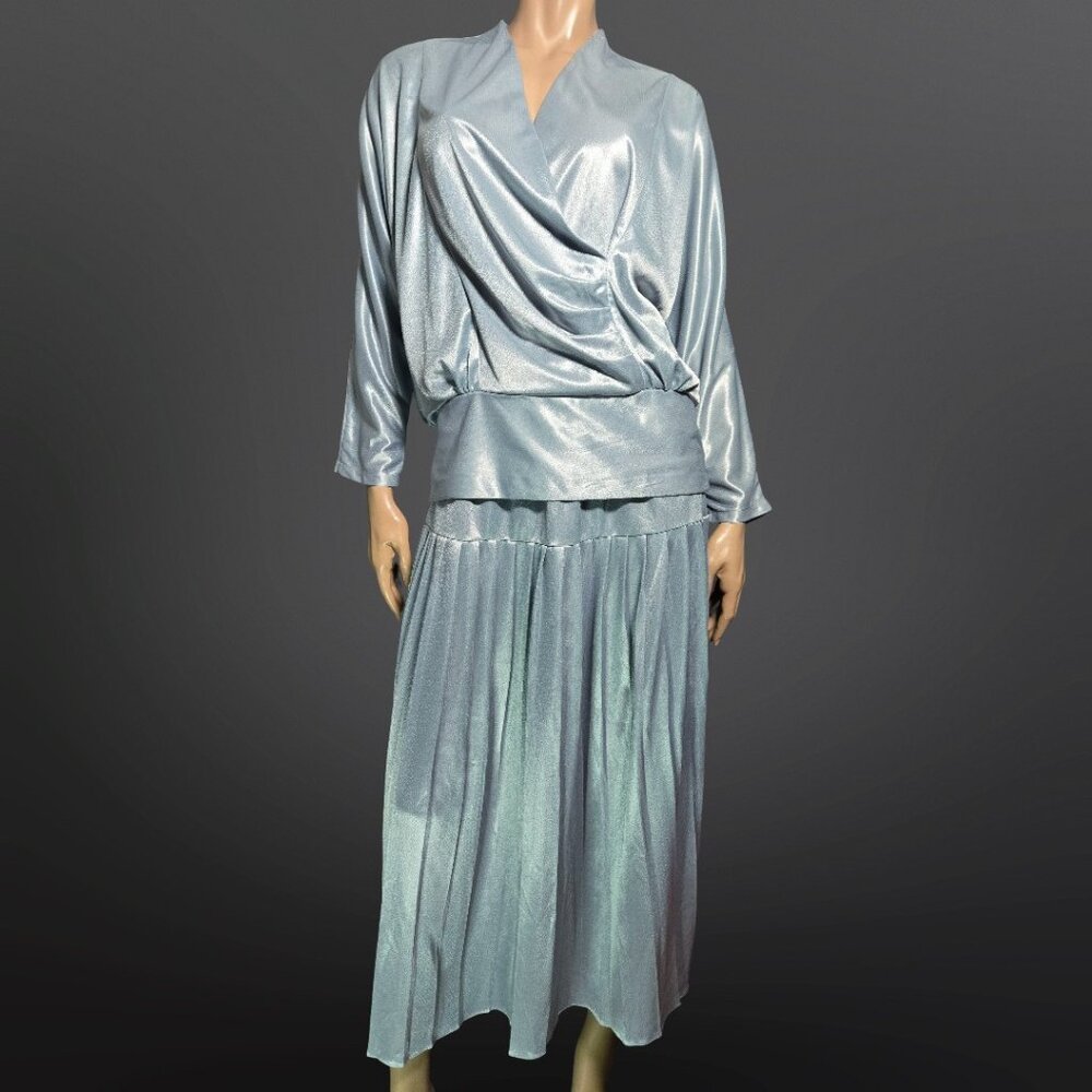 Vintage 80s Icy Blue Skirt Blouse Set Size M New Wave Shiny Pleated Midi